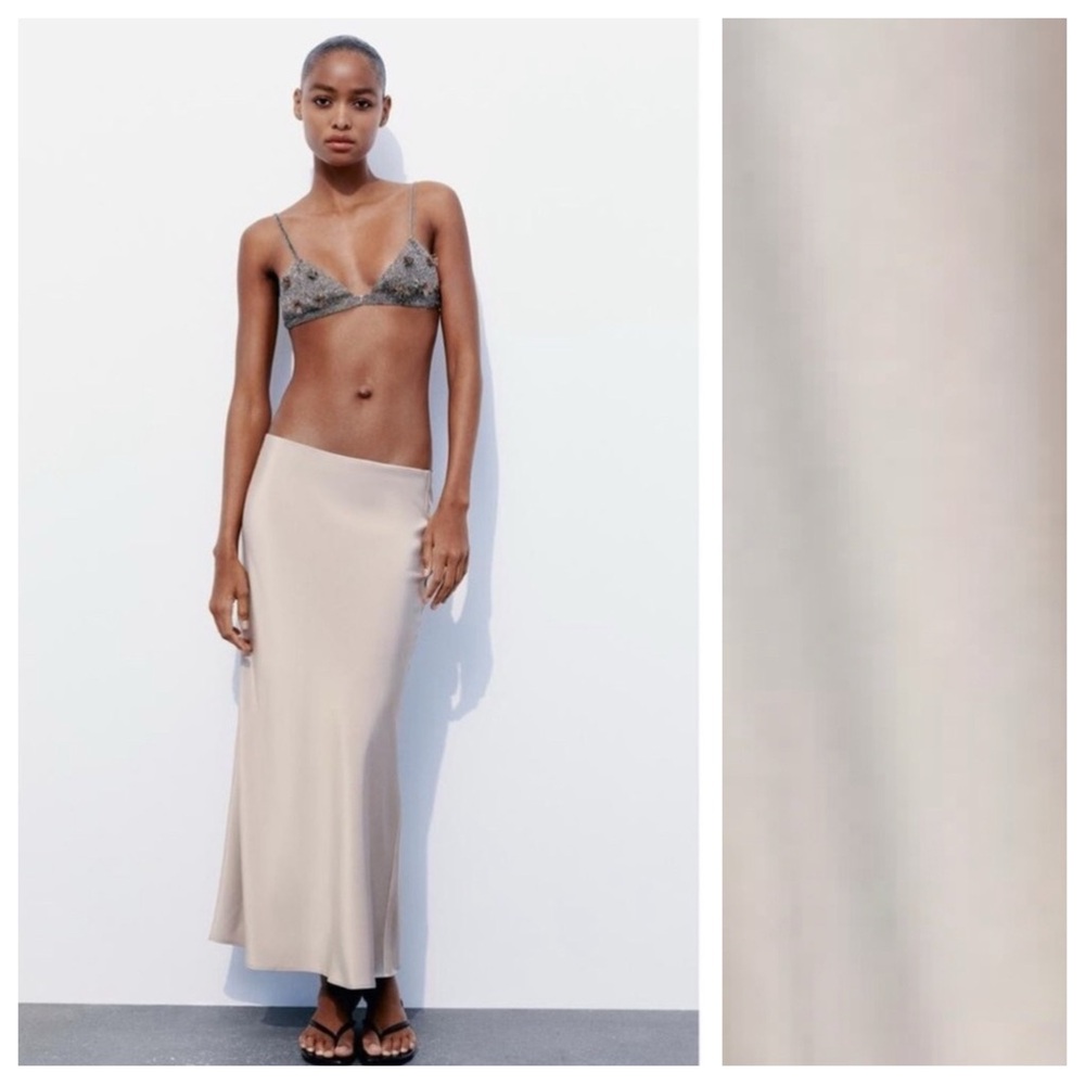 NWT. Zara Champagne Satin Effect Maxi Skirt. Size M.